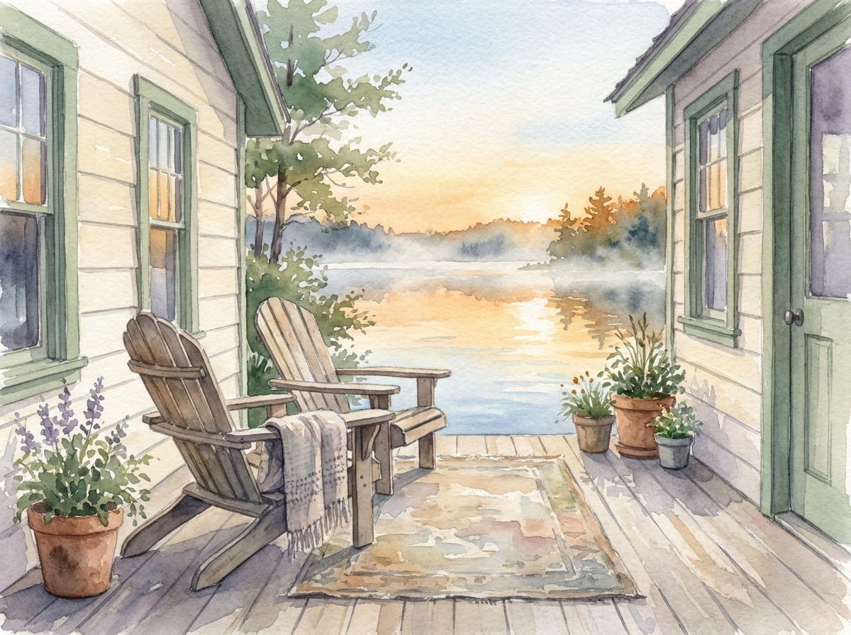 Calm watercolor of a quiet wooden cabin beside still water at first light, with an empty porch chair