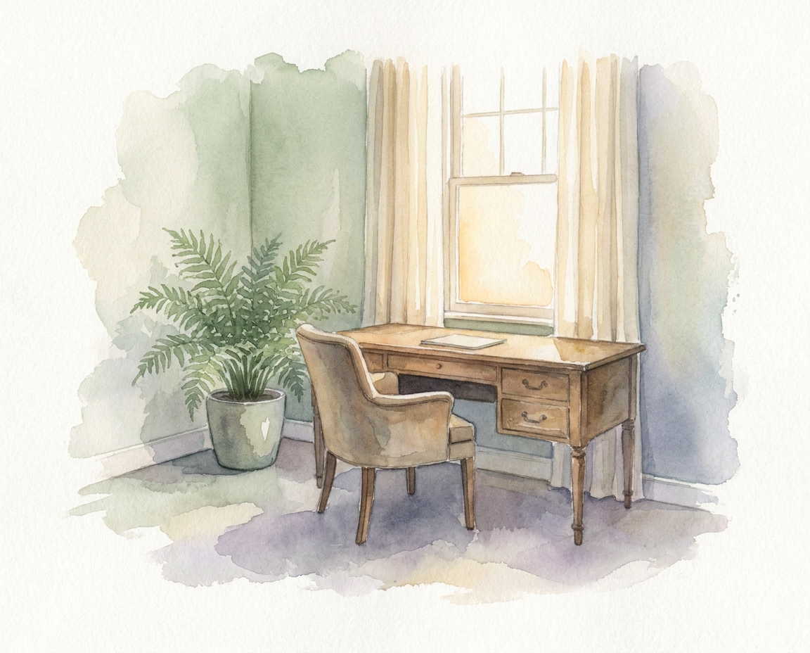 Watercolor of a quiet financial planning office with a wooden desk, a lamp, and soft morning light through the window