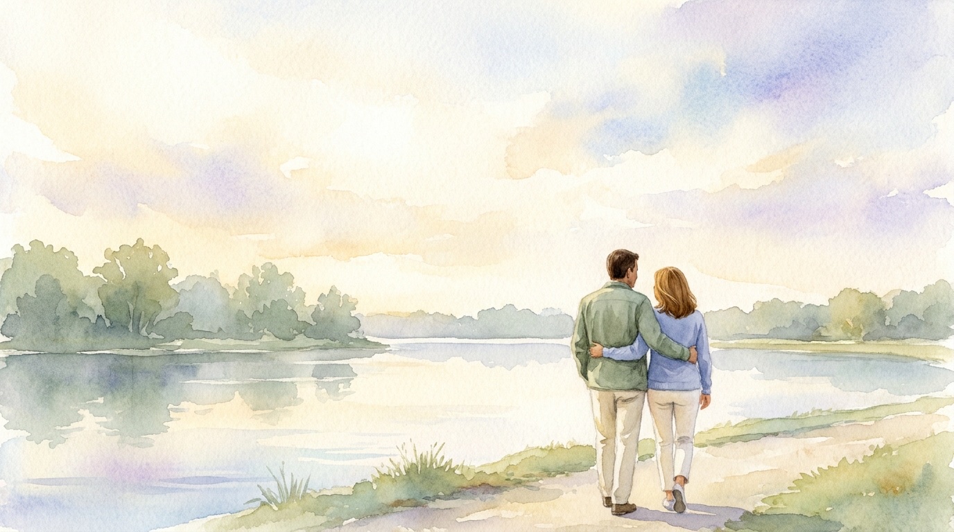 Calm watercolor of a quiet path winding through open countryside toward distant hills at soft morning light