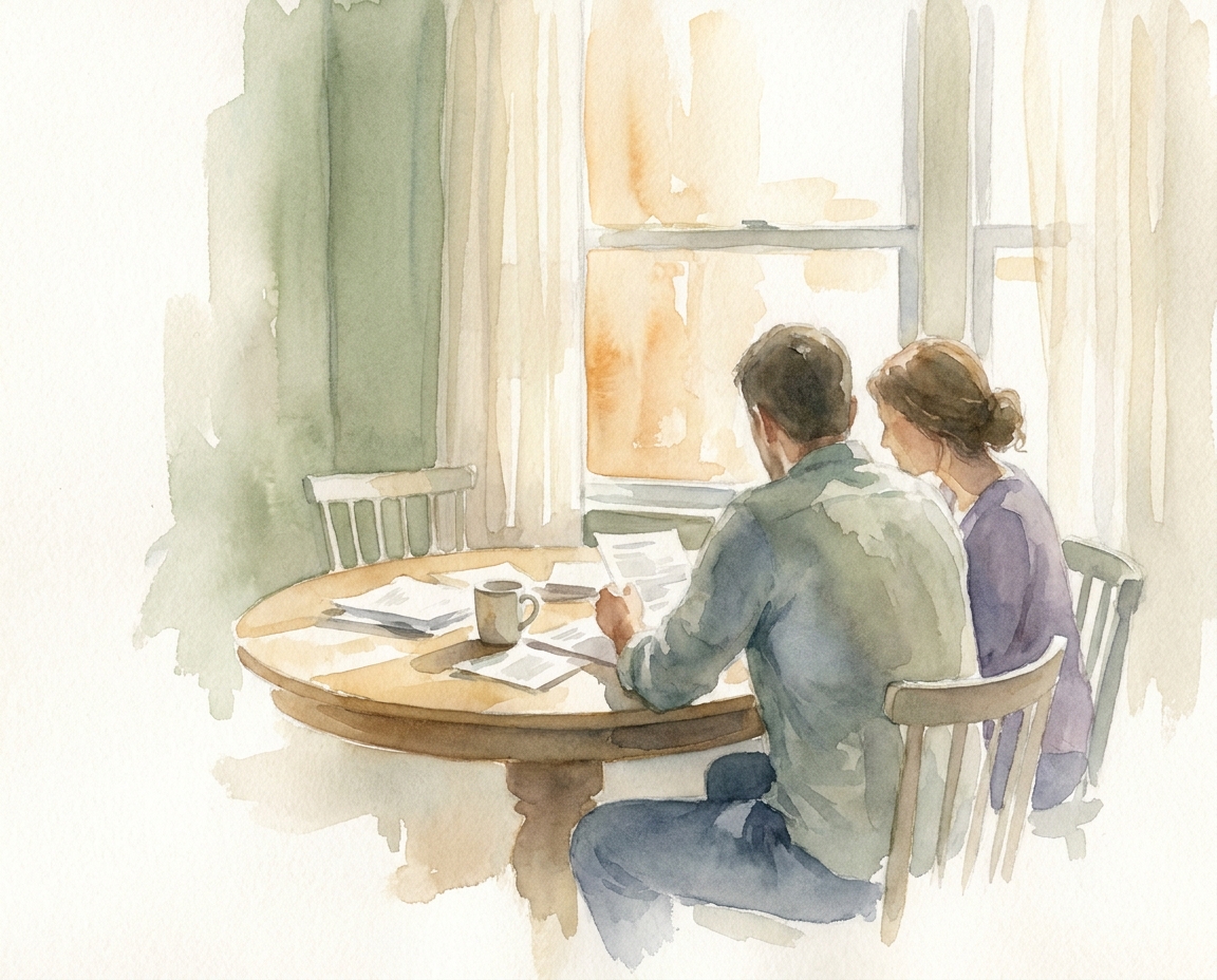 Watercolor of a couple sitting across a kitchen table with coffee mugs and a notepad, morning light through the window